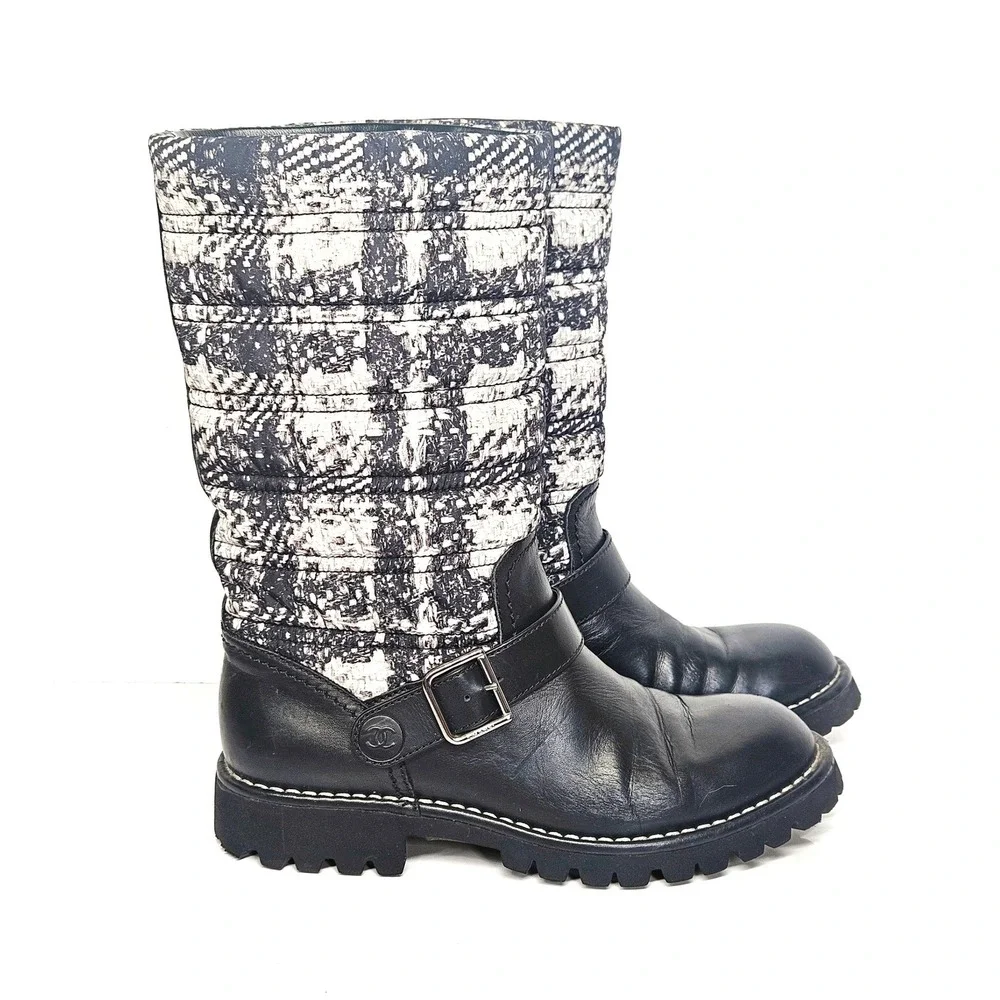 Chanel Calfskin Tweed Nylon Printed Boots 37.5 Black CC Logo Lug Sole